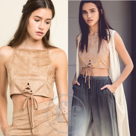 Boho 1960s 1970s Style Faux Tan Brown Suede Leather Festival Halter Tie Crop Top - Picture 6 of 9